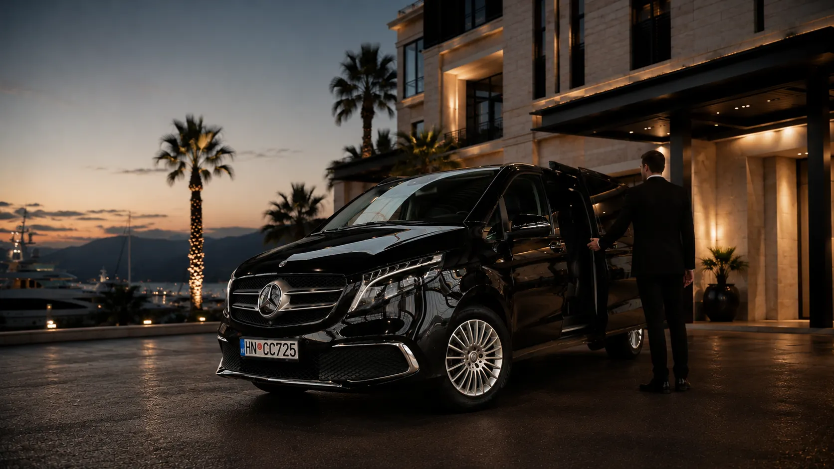 Black Mercedes-Benz V-Class at dusk outside a waterfront hotel in Montenegro, chauffeur holding the rear door open